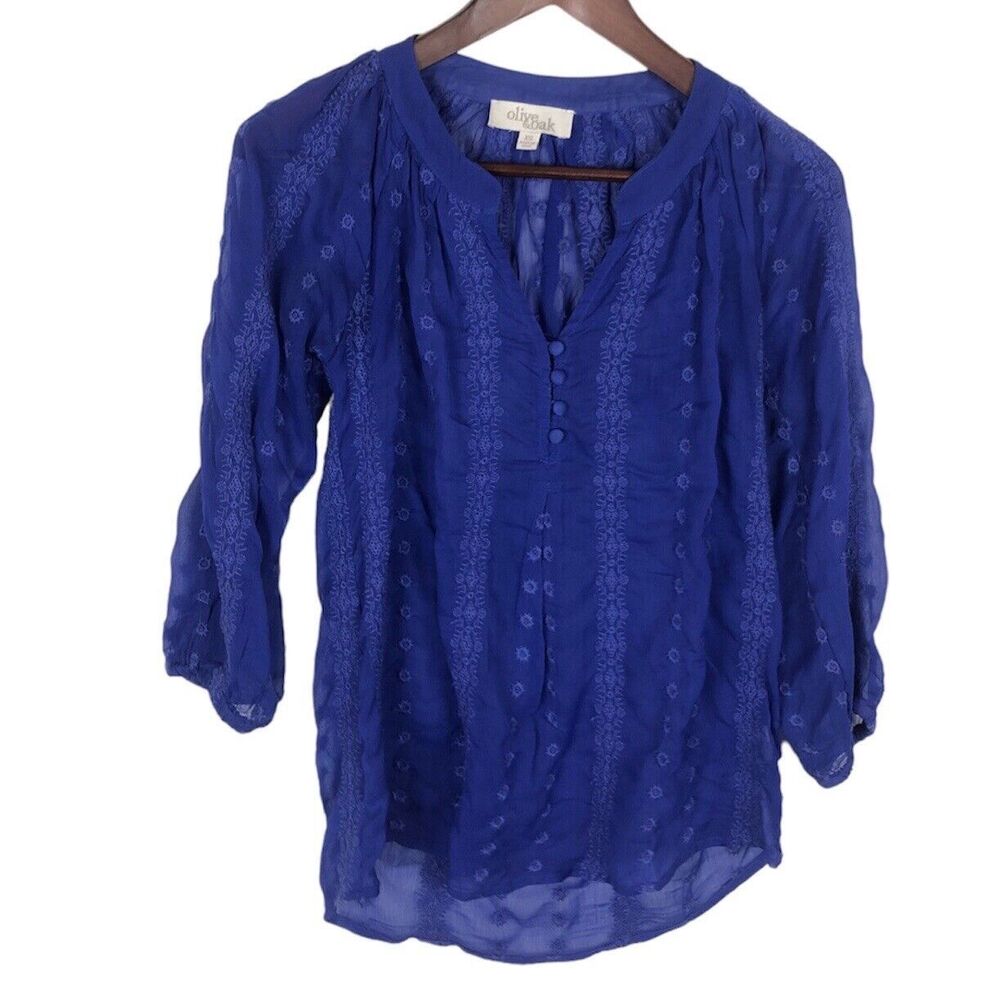Olive & Oak Blue Sheer Embroidered 3/4 Sleeve Shirt Top Women's XS